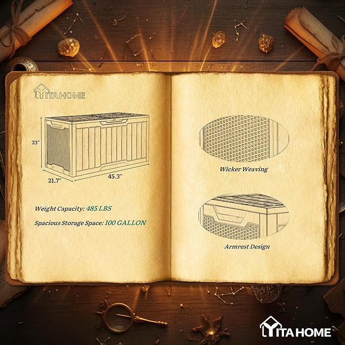 YITAHOME 100 Gallon Large Outdoor Storage Box, Water Resistant Resin Deck Box w/Silver Decorative PVC Trim Pane, Lockable Rattan Storage Container for Patio, Garden, Cushions, Tools(Black & Silver)