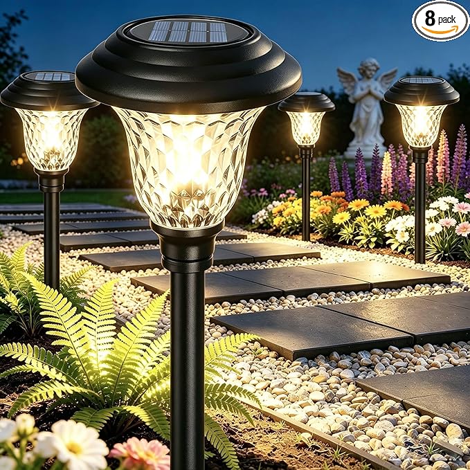 BEAU JARDIN 8 Pack Solar Pathway Lights White+Color Changing Stainless Steel 3 Mode Outdoor Multicolor Metal Solar Powered Waterproof Glass for Garden Landscape Path Yard Walkway Driveway Black