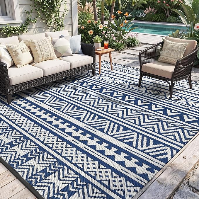 MontVoo-Outdoor Rug Carpet Waterproof 5x8 ft Reversible Patio Rug RV Camping Rug-Plastic Straw Rug Outside Indoor Outdoor Area Rug for Patio Deck Balcony Picnic Beach Outdoor Decor Boho Navy Blue