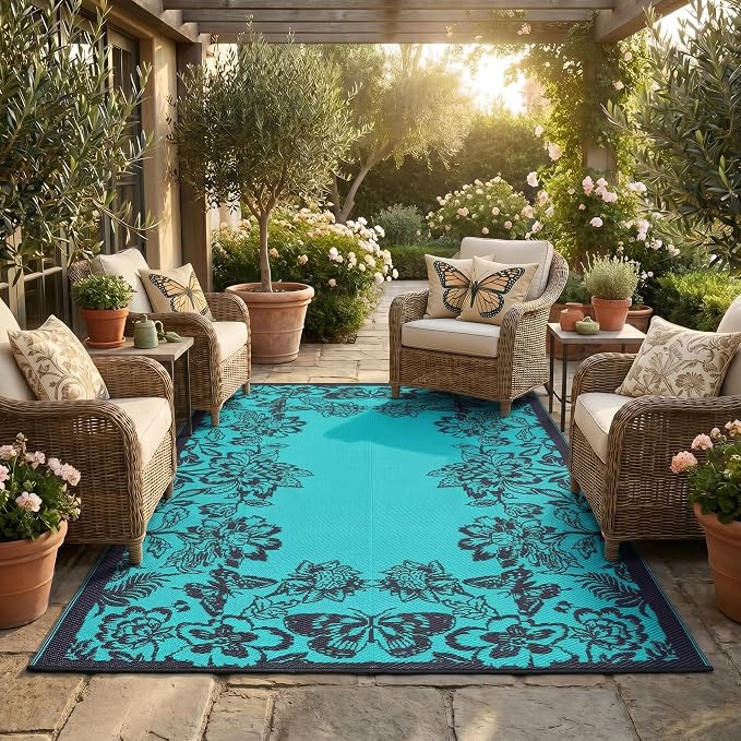 Garvee 5âx8â Waterproof Patio Outdoor Rug, Outdoor Plastic Straw Rug for Camping, RV Mat Outside, Indoor Outdoor Carpet for Porch, Deck, Backyard, Balcony, Picnic, Dark Blue & Teal