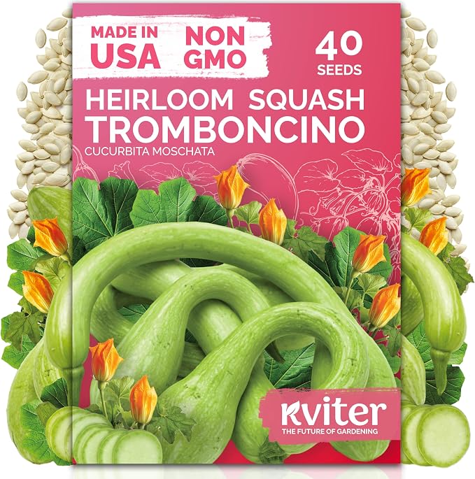 KVITER 40 Tromboncino Squash Seeds (Cucurbita Moschata) â Zucchetta Rampicante, Climbing, Dual-Purpose Squash, Heirloom Seed Packets - Vegetable Seeds for Outdoor Vegetable Garden & Trellises