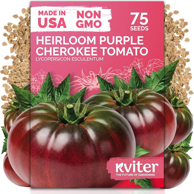 KVITER 75 Cherokee Purple Tomato Seeds (Lycopersicon Esculentum) â Cherokee Purple Heirloom Seed Packets, Sweet Tomatos, Open-Pollinated, Non GMO Seed - Vegetable Seeds for Indoor/Outdoor Garden