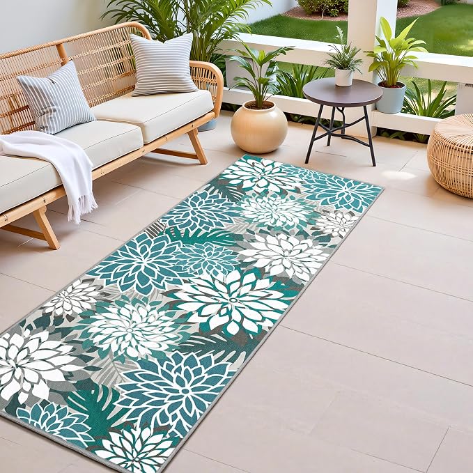 Colorful 2x6 Washable Runner Rug for Hallway Tropical Botanical Modern Floral Chenille Kitchen Rugs Low Pile Non Slip Carpet for Patio, Bedroom, Laundry, Teal