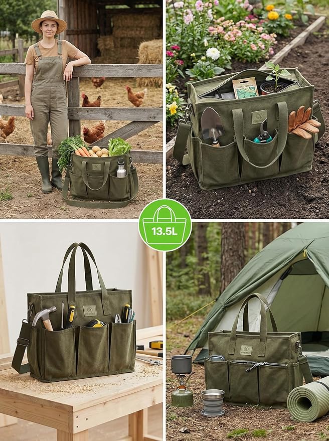 Heavy Duty Canvas Gardening Tote Bag with Pockets, Large Capacity Tool Organizer for Garden Tools, Portable Utility Bucket Carrier for Women Men, Outdoor Planter Caddy for Florist Supplies
