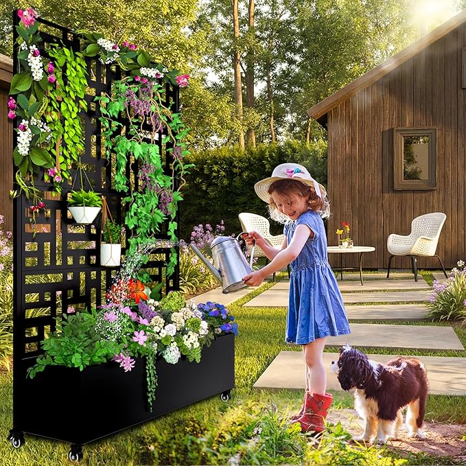 MTART Metal Planter Box with Trellis, 72.1"x47.2"x16" Outdoor Galvanized Raised