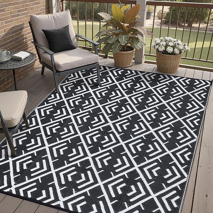 HUGEAR RV Outdoor Rug Waterproof Mat Outdoor Rugs 6'x9' for Patios Clearance Carpet Outdoor Camping Rugs Large Plastic Straw Rug(Geometric Black&White)
