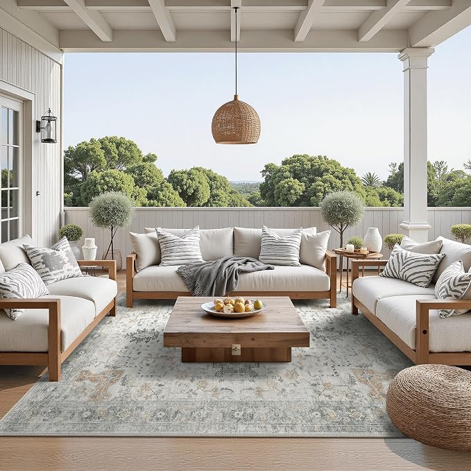 GENIMO Outdoor & Indoor Area Rug 6'x9', Waterproof, Non-Shedding, Easy Cleaning, Abstract Front Door Mat for Patio, Entryway, Porch, Living Room, Bedroom, Bathroom, Outside Carpet, Light Grey