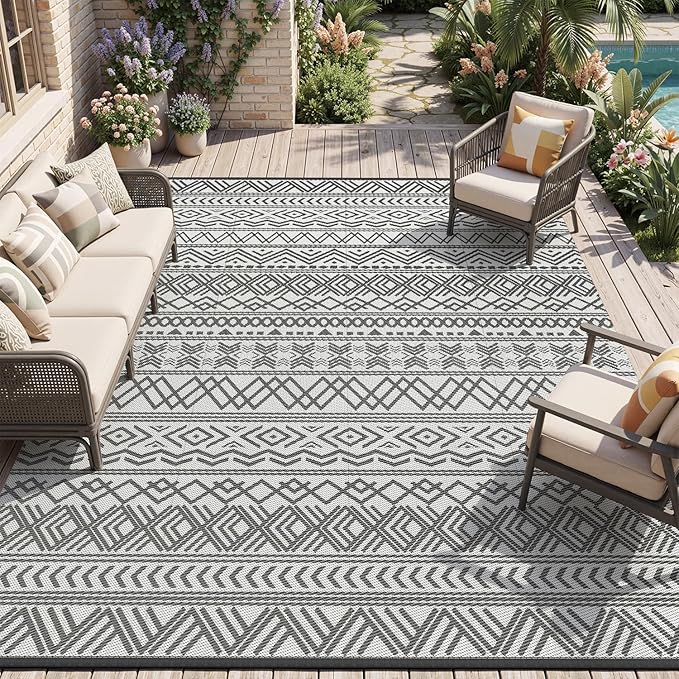 MontVoo Outdoor Rug Carpet Waterproof 9x18 Outdoor Patio Rug Mat Reverisble Plastic Straw Outdoor Rug for RV Camping Picnic Beach Balcony Boho Grey Large