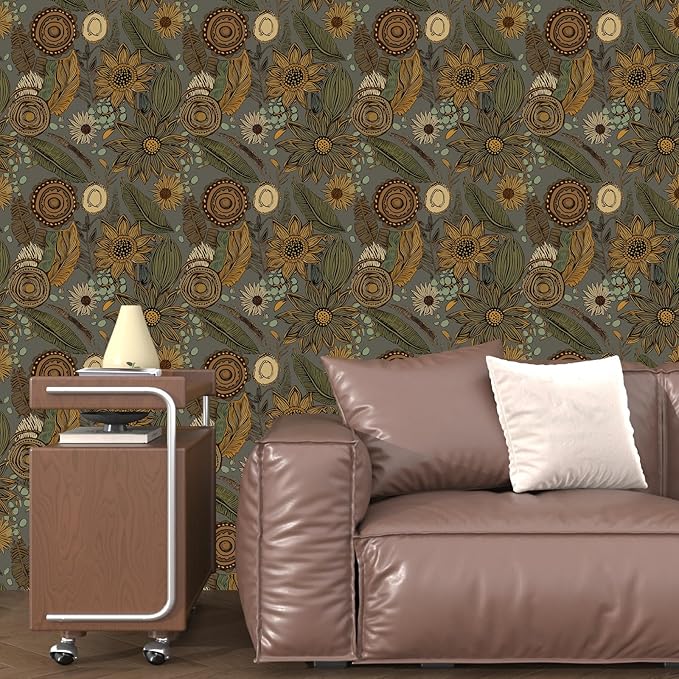Grey Boho Wallpaper Peel and Stick, Vintage Yellow Green Floral Contact Paper