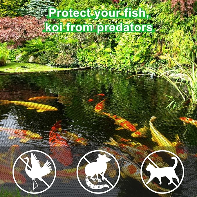 Pond Netting Kit, 15 x 20 Feet Pond Covers for Outdoor Fish Ponds,Pond Net Floating Guard Protect Fish Koi from Birds Cats, Herons,30g/㎡ Mesh Leaves Catcher(20pcs Stakes Included)