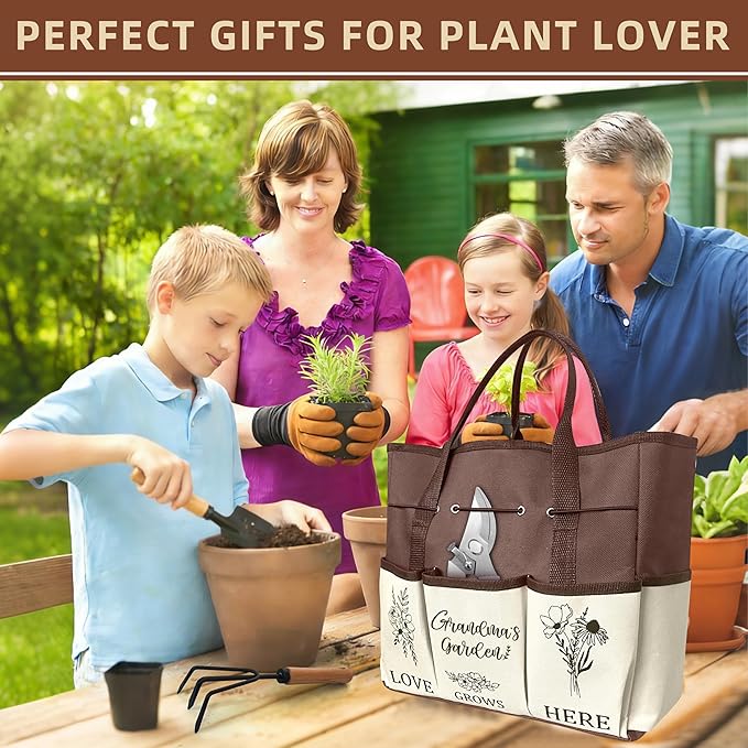 Grandma Gifts, Mothers Day Garden Kit Gifts for Grandma from Grandkids Gardening Tools and Durable Garden Tools Organizer Tote, Ideal Gardening Set for Women on Plant Lover Birthday Present Brown