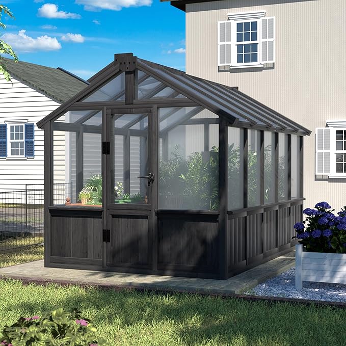 6x10 FT Greenhouse Kit for Outdoor, Thickened Polycarbonate Panel Wooden Walk-in Green House with Lockable Door and Adjustable Roof Vent, Backyard Garden, Black