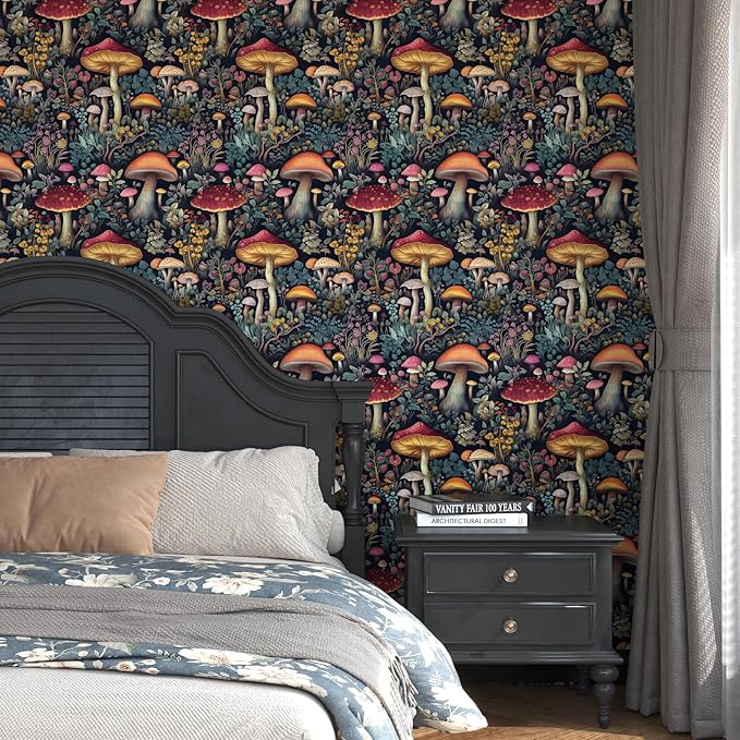 BOKEBEVE Mushroom Wallpaper Peel and Stick Floral Contact Paper Vintage Leaf