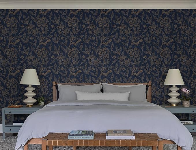 Timeet Peel and Stick Wallpaper Gold and Blue Floral Wall Paper