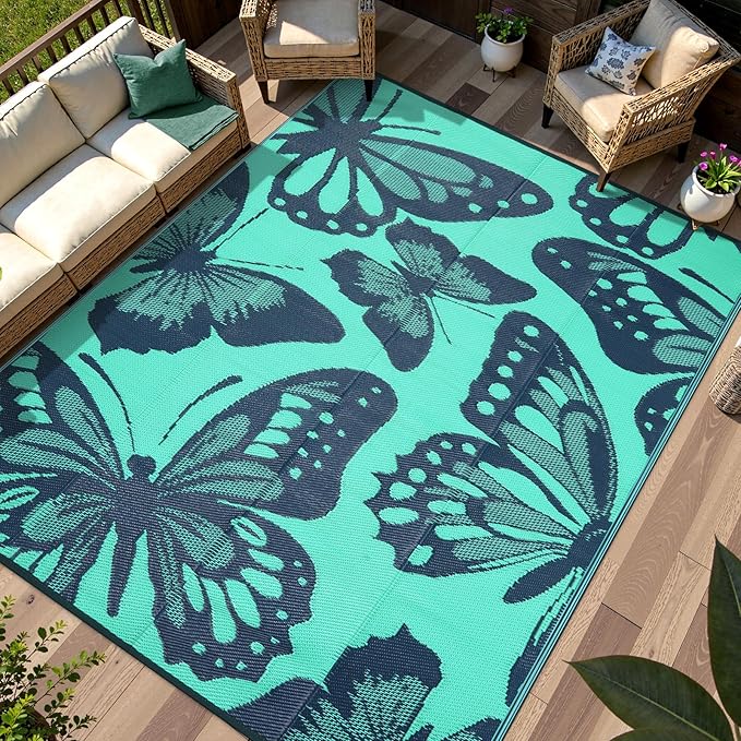Anidaroel Butterfly Outdoor Rug 8X10 Patio Waterproof, Reversible Plastic Straw Outside Area Rug, Large Outdoor Area Rug for Deck, Camper, Backyard, Picnic(Green,8âX10')