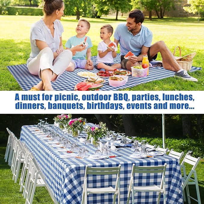 Kochorie 54 Inch x 100 Ft Blue Checkered Plastic Table Cloth Roll Disposable
