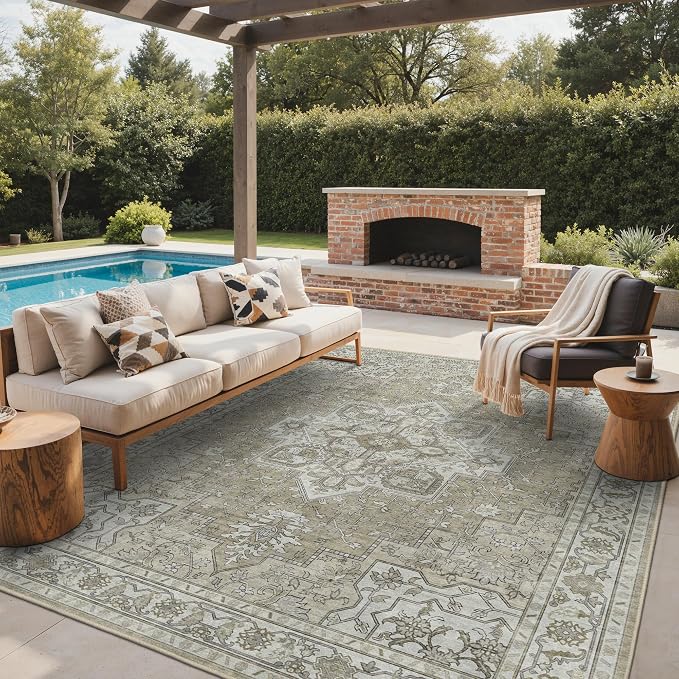 GENIMO Outdoor & Indoor Area Rug 9'x12', Waterproof, Non-Shedding, Easy Cleaning, Boho Mat for Patio, Living Room, Balcony, Dining Room, RV, Deck, Bedroom, Camping, Outside Carpet,Coffee Beige