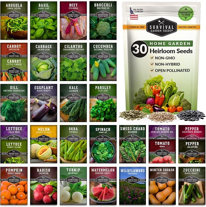 Home Garden Vegetable Seeds 30 Variety Pack â Heirloom Seed Vault Kit for Planting Non-GMO Vegetables, Herbs, Fruit â Emergency Preparedness Survival Food Grow Kit â Survival Garden Seeds (18,500+)