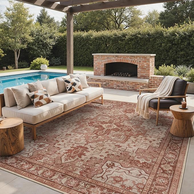 GENIMO Outdoor & Indoor Area Rug 9'x12', Waterproof, Non-Shedding, Easy Cleaning, Boho Mat for Patio, Living Room, Balcony, Dining Room, RV, Deck, Bedroom, Camping, Outside Carpet,Brown Red