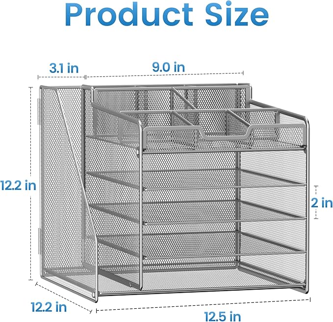 Lavatino 5-Tier Metal Mesh Desk Organizer with File Holder & 7 Customizable Compartments | Paper Letter Tray for Office or Home Desk Storage | Keep Workspace Supplies Neat & Organized, Silver