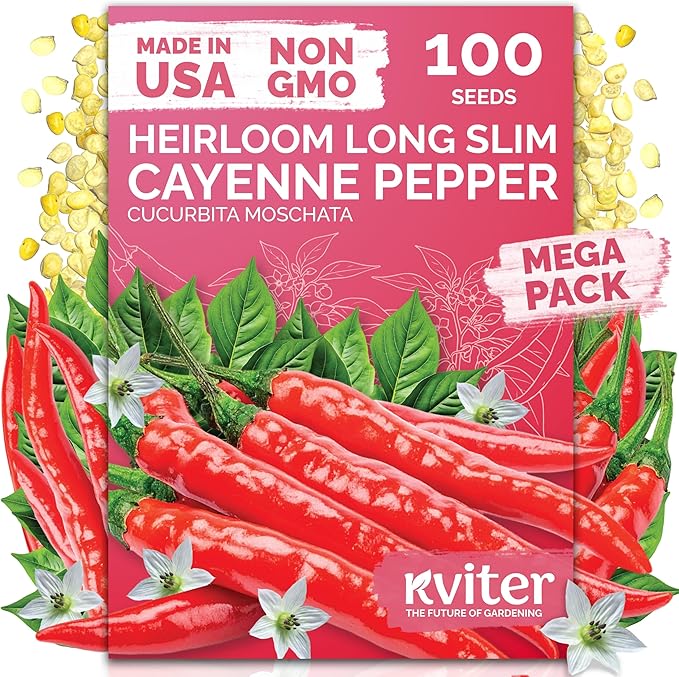KVITER 100 Cayenne Long Slim Hot Pepper Seeds (Capsicum annuum) â Cayenne Pepper Seeds, Heirloom Long Hot Peppers â Non GMO Seed Packets Vegetable Garden, Containers & Indoor Garden