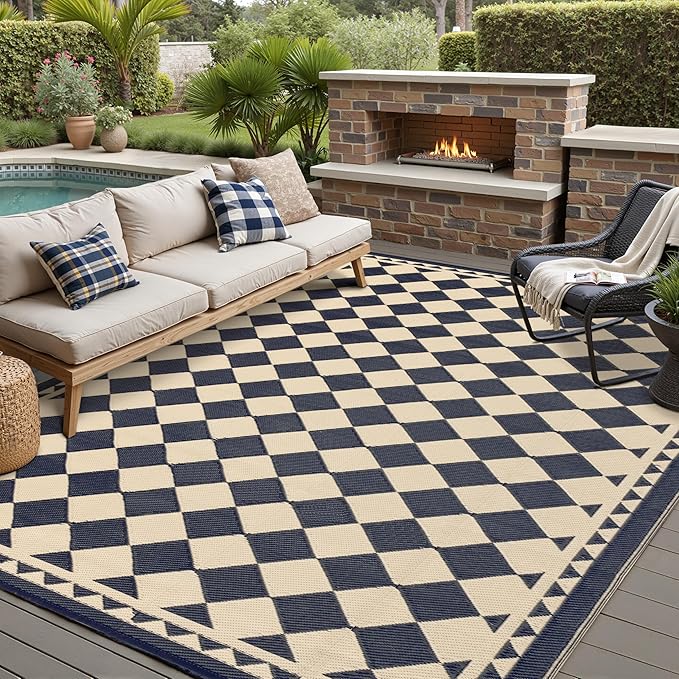 HUGEAR Outdoor Rug for Patios Clearance,Waterproof Mat,Large Outside Carpet,Reversible Plastic Straw Camping Rugs,Rv,Porch,Deck,Camper,Balcony,Backyard (9x12,Checkered/Black&Beige)