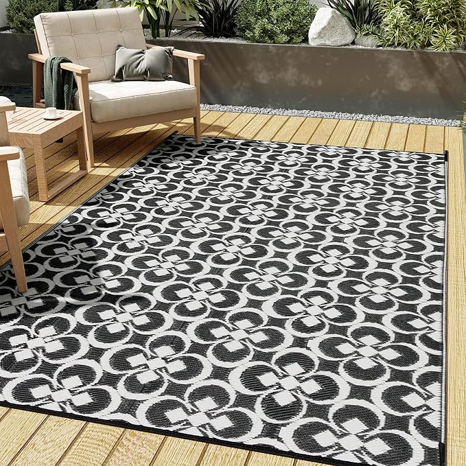 HUGEAR Outdoor Rug, Large Waterproof Outdoor Area Rug, Reversible Portable Outdoor Plastic Straw Carpet for RV Deck Camping Front Door Indoor Outside Porch Picnic (5x8ft Clover Black&White)