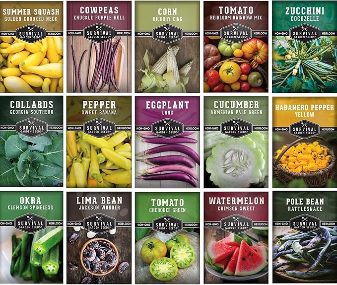 Southern Vegetable Seeds Collection â 15 Heirloom Heat Loving Vegetables Variety Pack for Planting â Okra, Collard Greens, Purple Hull Peas, Dent Corn â Survival Garden Seeds