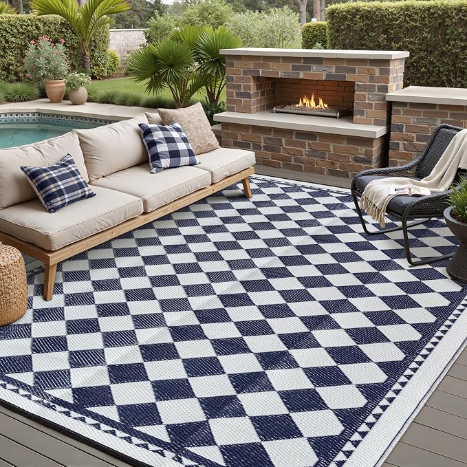 HUGEAR Outdoor Waterproof Rug 9'x12' Plastic Straw Rugs Washable Reversible Floor Mat Blue Plaid Carpet for Camping RV Deck Entryance Porch Picnic Balcony Beach Backyard