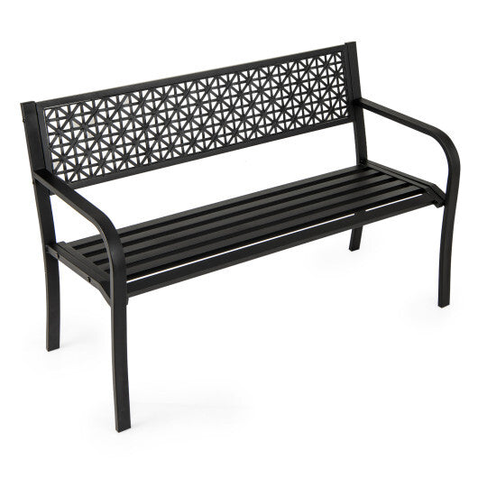 50 Inch Garden Bench with Patterned Backrest and Curved Armrests for 2-3 Person-Black