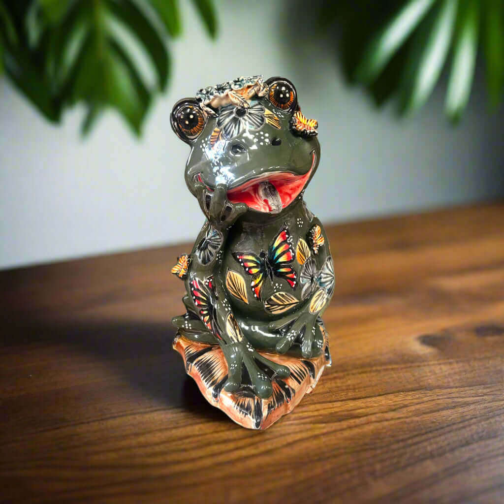 Hand-Painted Talavera Frog Statue | Mexican Ceramic Animal Decor