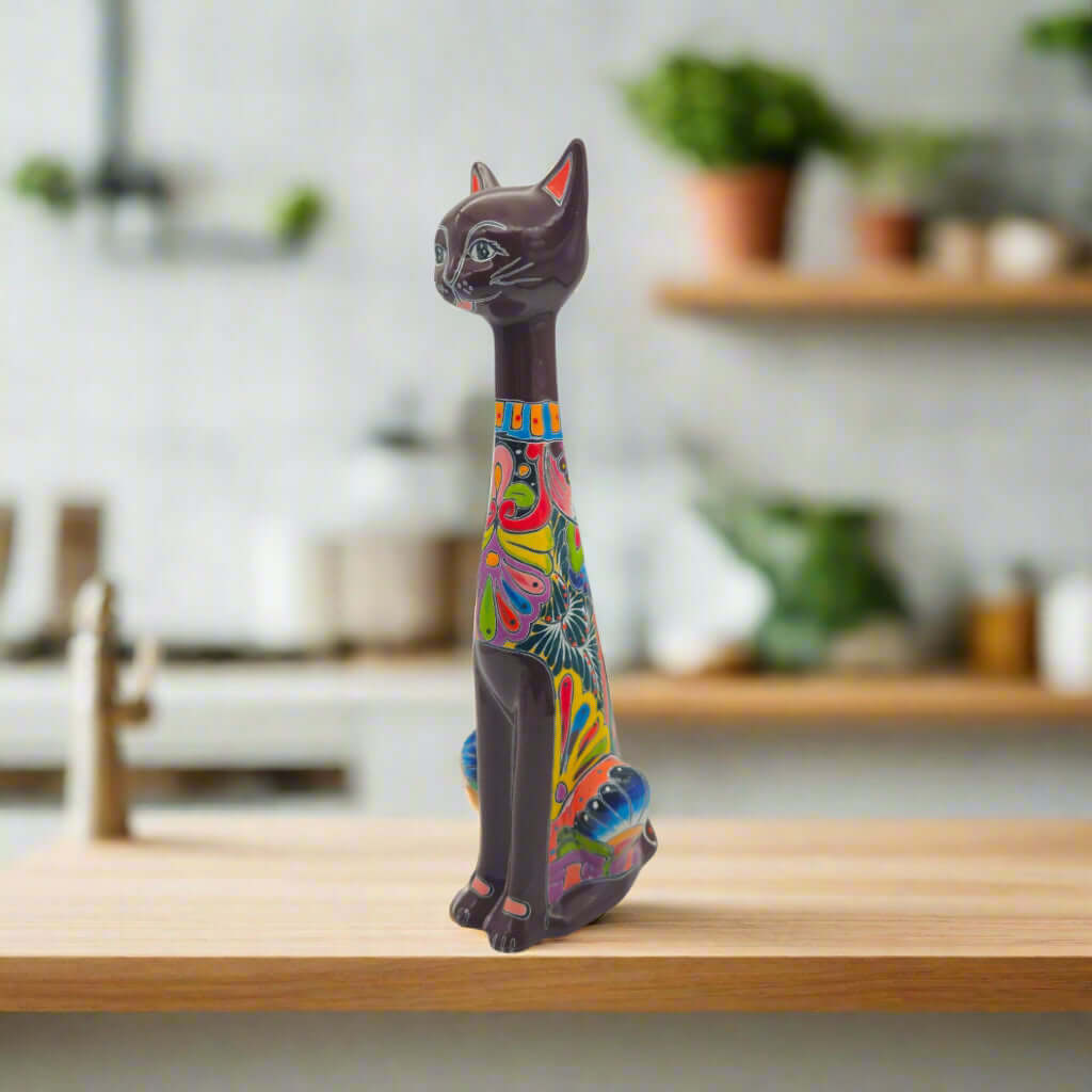 Colorful Talavera Cat Statue | Handcrafted Mexican Art