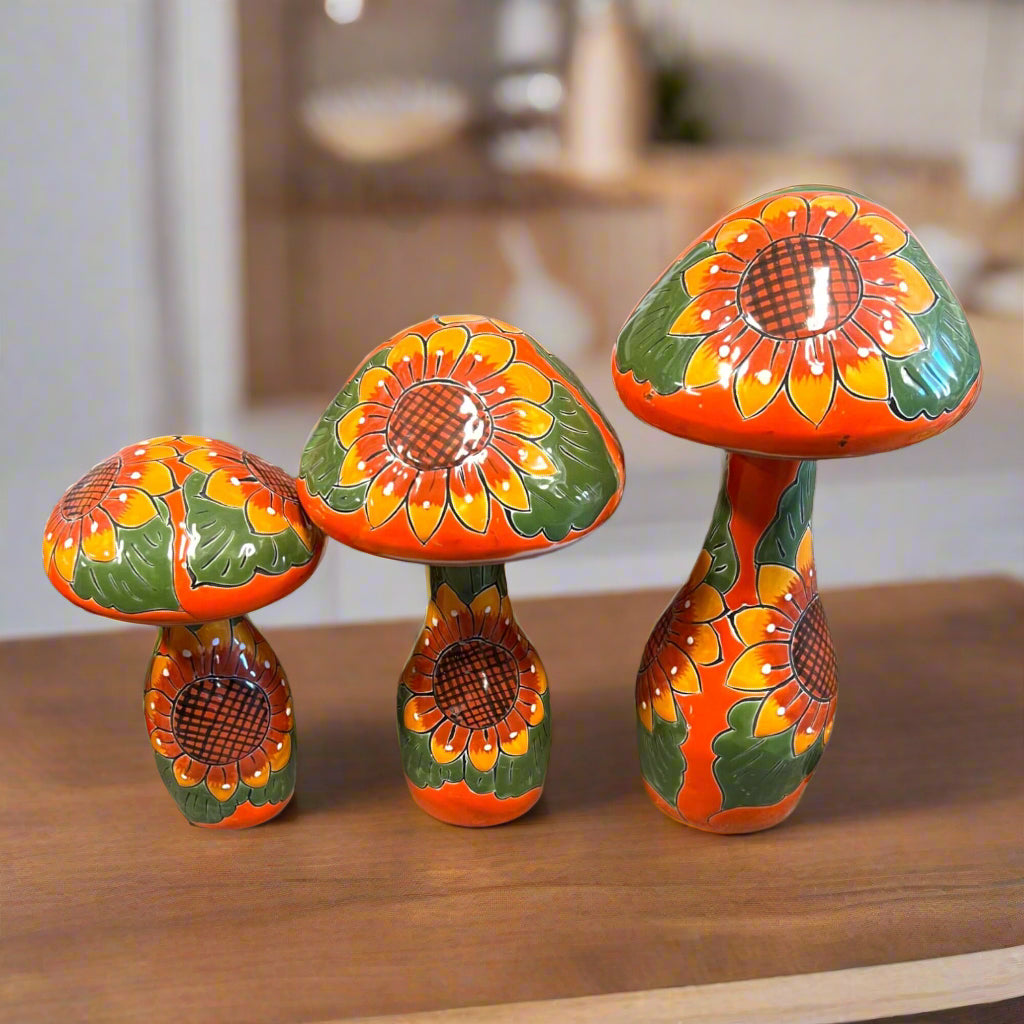 Talavera Mushroom Trio | Hand-Painted Sunflower Garden Decor