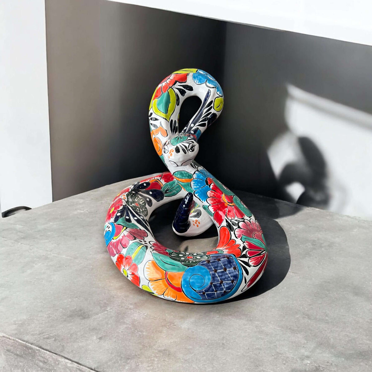 White Talavera Snake Statue | Hand-Painted Mexican Decor