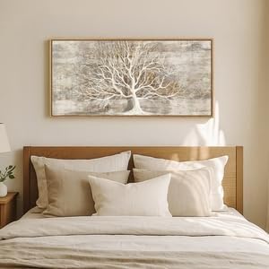Framed Vintage Tree of Life Wall Art, Neutral Rustic Farmhouse Tree Canvas