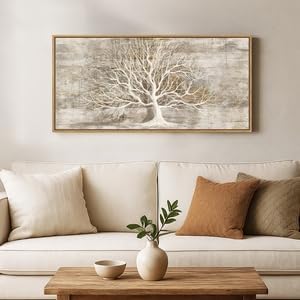 Framed Vintage Tree of Life Wall Art, Neutral Rustic Farmhouse Tree Canvas