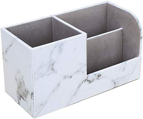 KINGFOM Desk Organizer Office Supplies Caddy Pu Leather Multi-function Storage Box Pen/Pencil,Cell phone, Business Name Cards Remote Control Holder Gray Marble