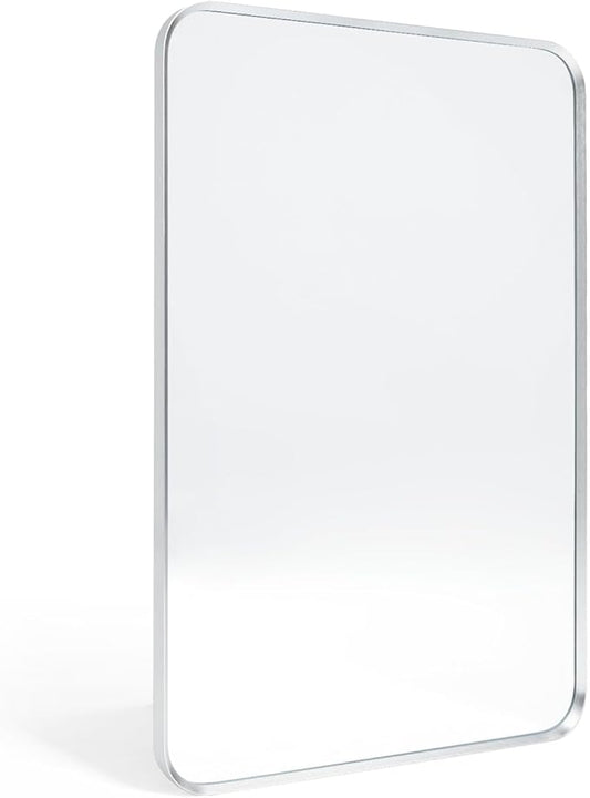 Wall Mount Mirror for Bathroom, Brush Silver Metal Framed Rounded Corner