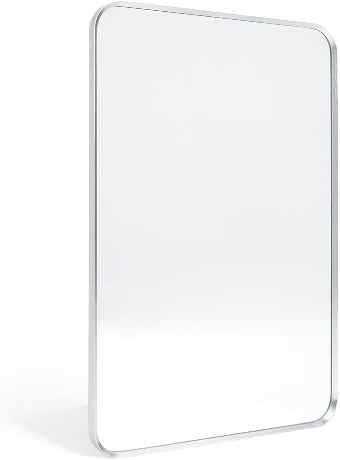 Brushed Nickel Bathroom Wall Mirror, Tempered Glass, Shatter Proof, Hangs