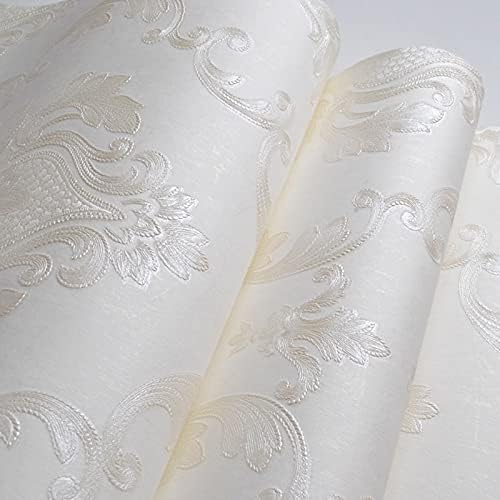 AMINAH DECO Cream White Damask Decorative Textured Floral Wallpaper Non-Woven
