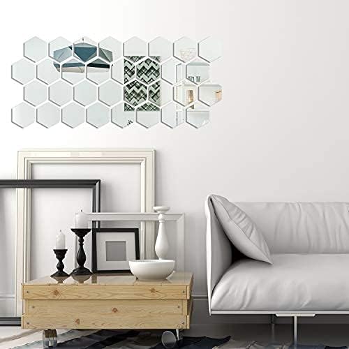 Shappy 32 Pcs Hexagon Mirror Wall Stickers Removable Silver Acrylic Mirror