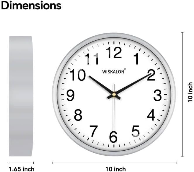 WISKALON 10 Inch Wall Clock, Silent Non-Ticking Round Silver Frame Clock