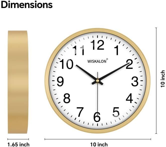 WISKALON 10 inch Wall Clock, Silent Non-Ticking Elegant Golden Frame Clock