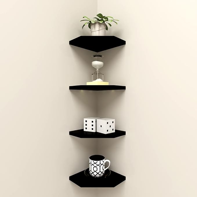 WELLAND 7-Inch Black Floating Corner Shelves Set of 2, Wall Mounted Storage