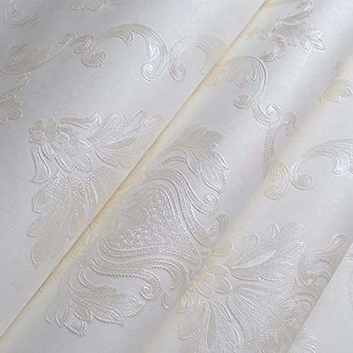 AMINAH DECO Cream White Damask Decorative Textured Floral Wallpaper Non-Woven