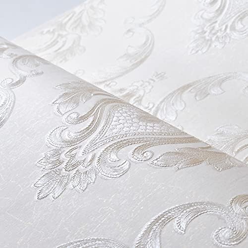 AMINAH DECO Cream White Damask Decorative Textured Floral Wallpaper Non-Woven