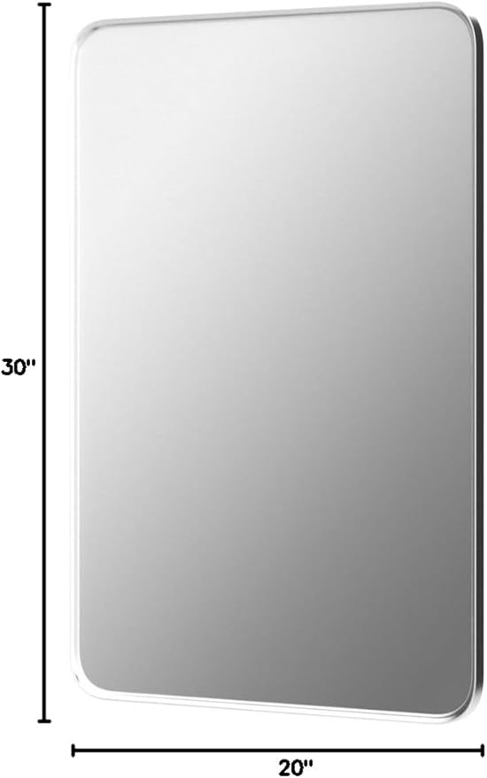Wall Mount Mirror for Bathroom, Brushed Silver Metal Framed Rounded Corner