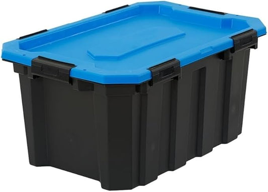 24 Gallon Waterproof Storage Bin with Latching Lid, Heavy Duty Plastic Tote for Garage, Basement, Attic, and Outdoor Storage â Dustproof, Stackable,Secure Locking Buckles,Black with Blue Lid, BPA-Free