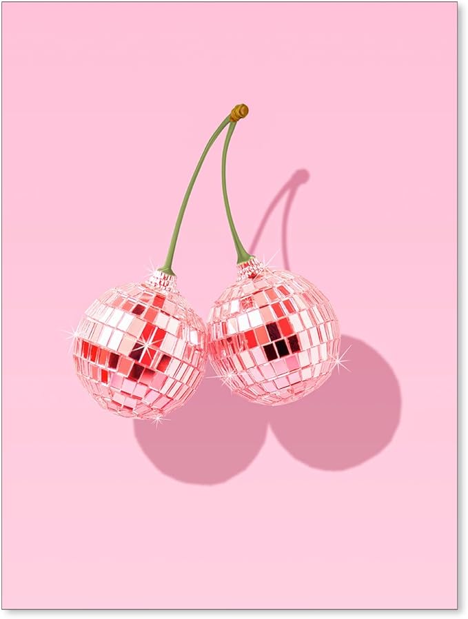 jkahh Pink Disco Ball Cherry Poster Retro Funky Preppy Fruit Wall Art Trendy