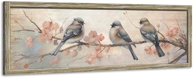 Vintage Bird Framed Wall Art: Rustic Chickadee Wooden Painting Colorful Cute Sparrow Picture Pink Flower Branch Prints Countryside Artwork Decor for Living Room Bedroom Farmhouse